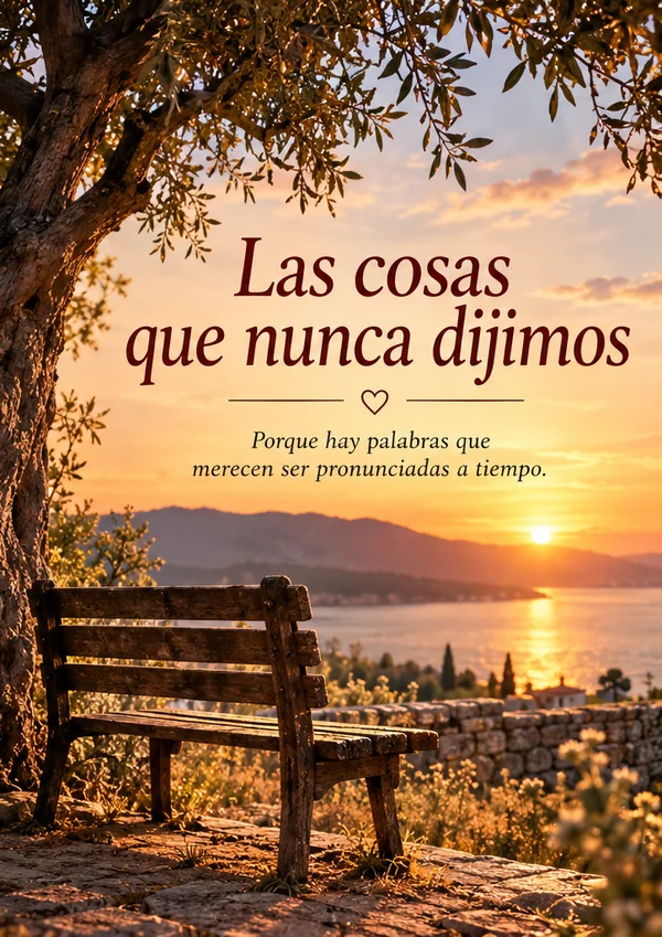 Portada de Las cosas que nunca dijimos: un banco de madera vacío bajo un olivo, frente a la bahía, al atardecer.