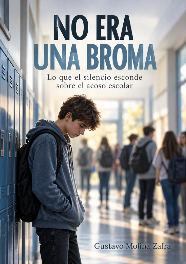 Portada de No era una broma: un adolescente con mochila, cabizbajo y apoyado en las taquillas de un pasillo de instituto, mientras otros alumnos pasan al fondo.